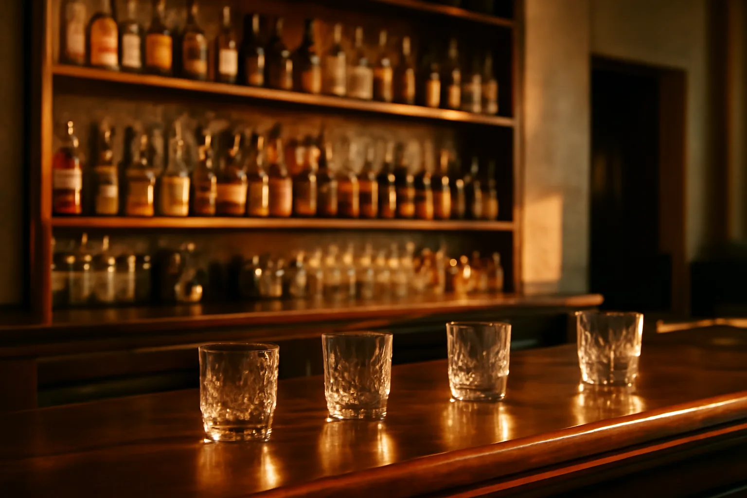 Bar counter with glassware and bottles in a Florida restaurant at golden hour