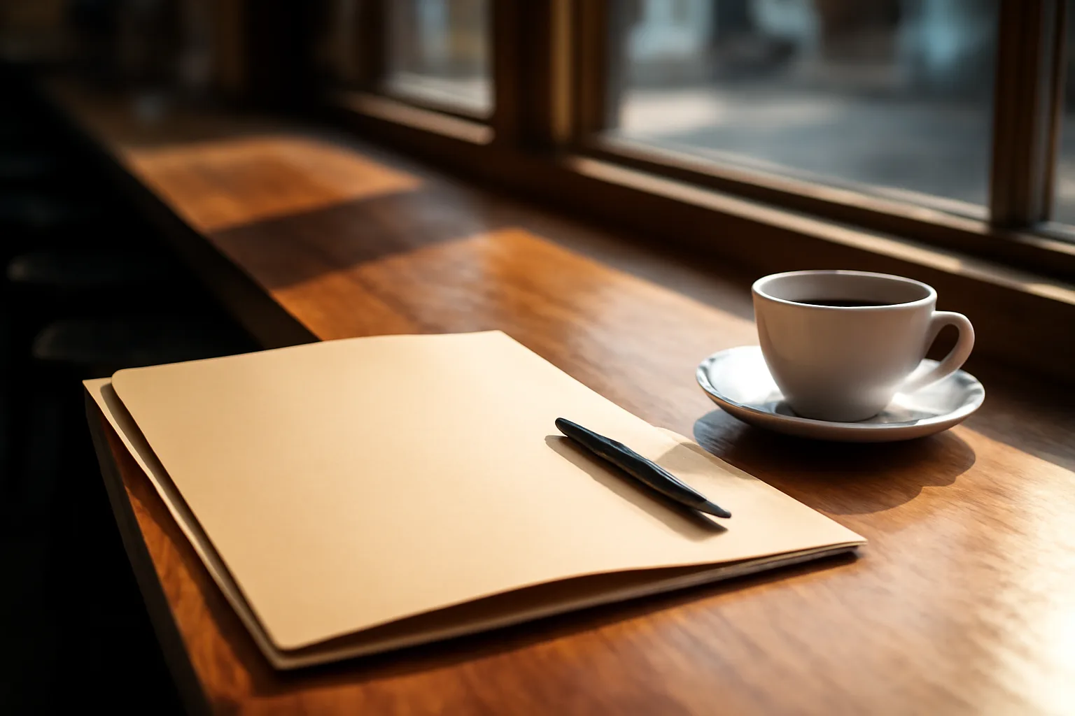 Open folder and pen on a sunlit bar counter representing liquor license paperwork