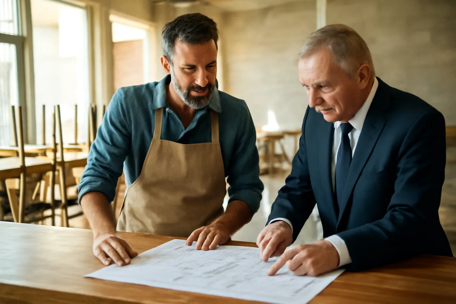 Owner and official reviewing floor plan documents at a new Kentucky bar