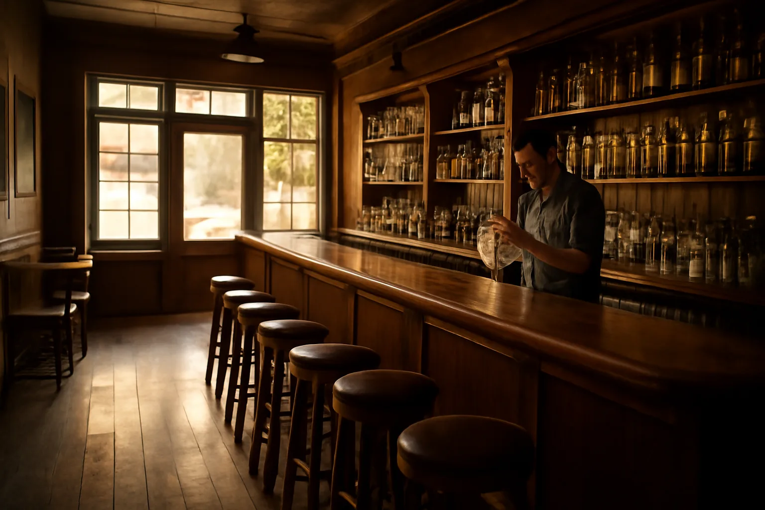 Bartender preparing a wood-topped bar in a small Kentucky restaurant before opening