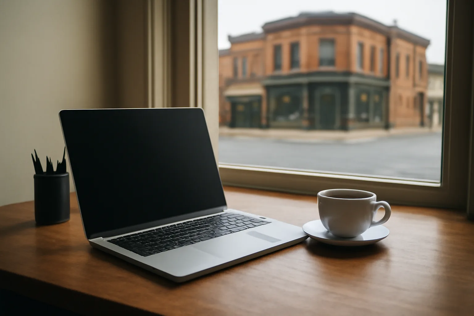 Desk workspace with laptop and coffee, small-town street with a corner bar visible through the window