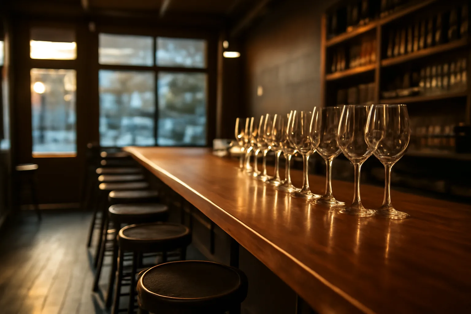 Empty restaurant bar at dusk representing the Kentucky ABC liquor license process