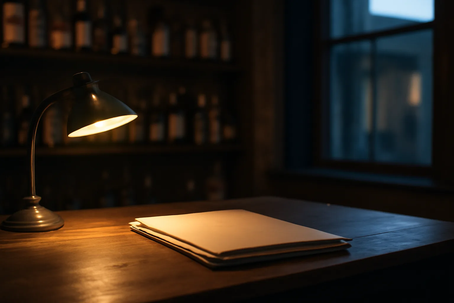 Bar owner's desk with paperwork folder representing the liquor license and ABC law application process