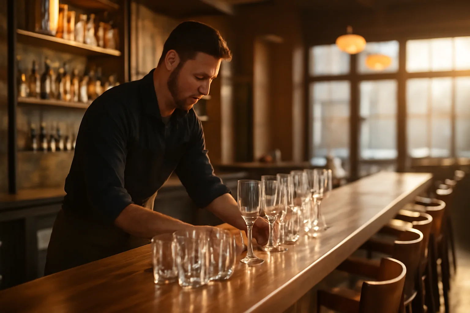 Bartender setting up glassware at a restaurant bar before its California ABC license opening