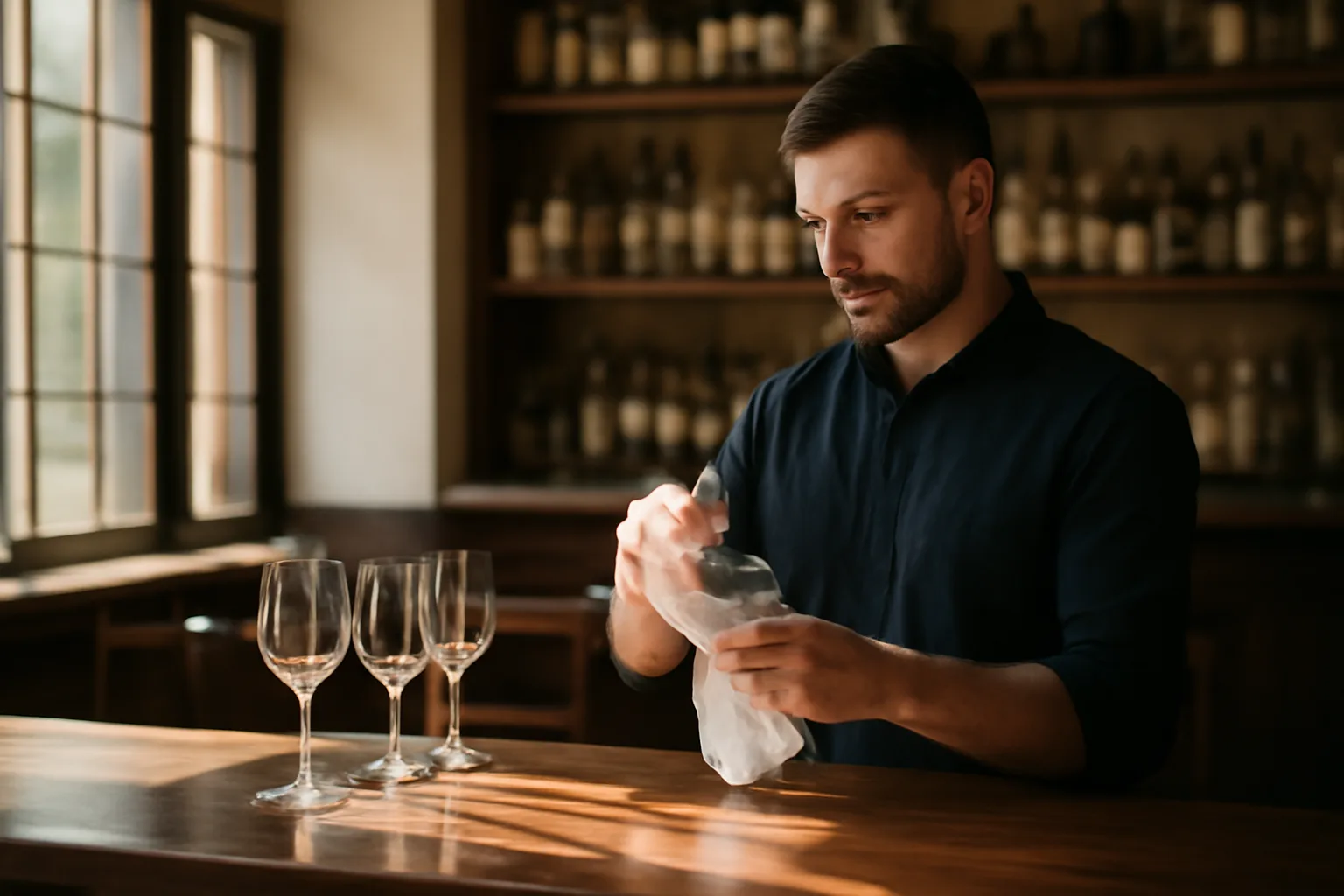 Bartender preparing a bar for opening, related to ABC license bartending rules