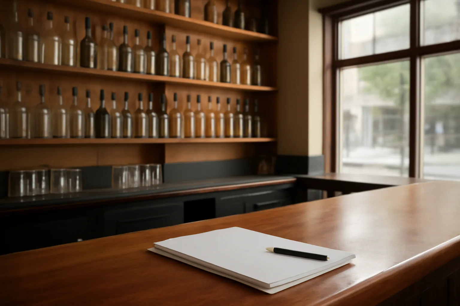 Empty California restaurant bar with liquor shelves and paperwork on the counter