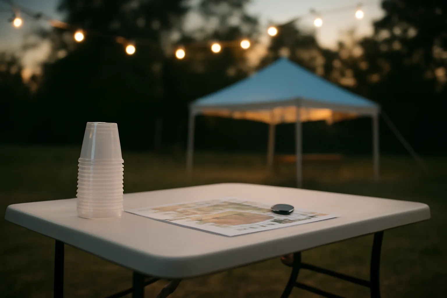 Outdoor event bar setup with cups and site map before an ABC-permitted event