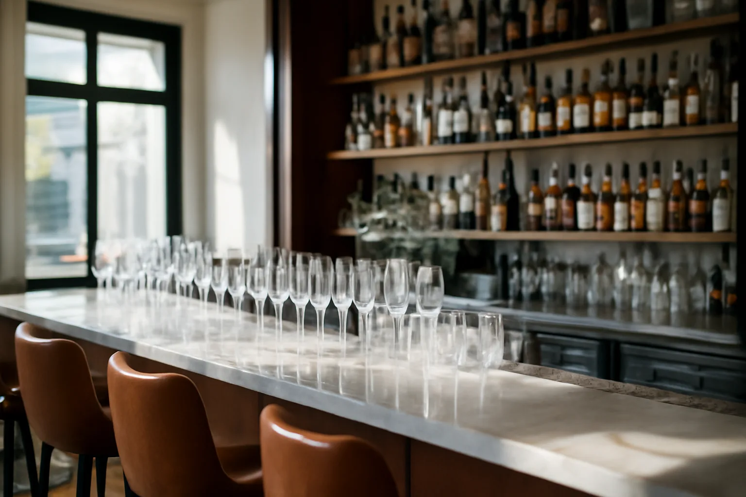 Empty restaurant bar counter with glassware, representing a Virginia ABC license application in progress