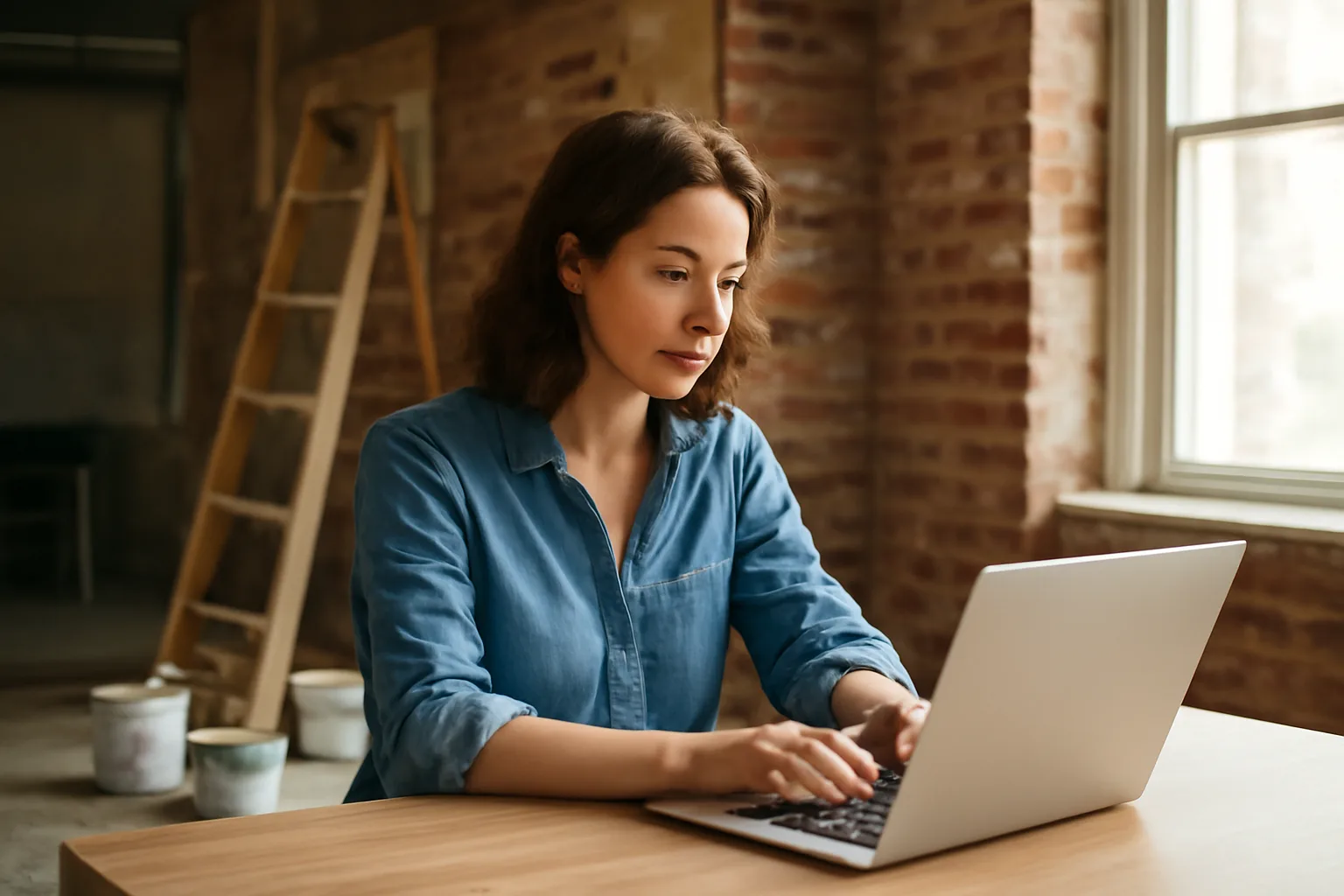 restaurant owner researching ABC license lookup California on a laptop in an unfinished dining room
