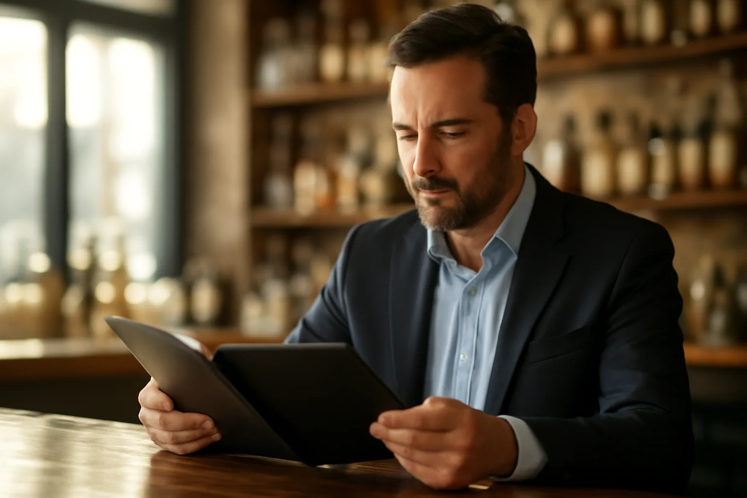 Restaurant owner reviewing renewal paperwork at a bar counter