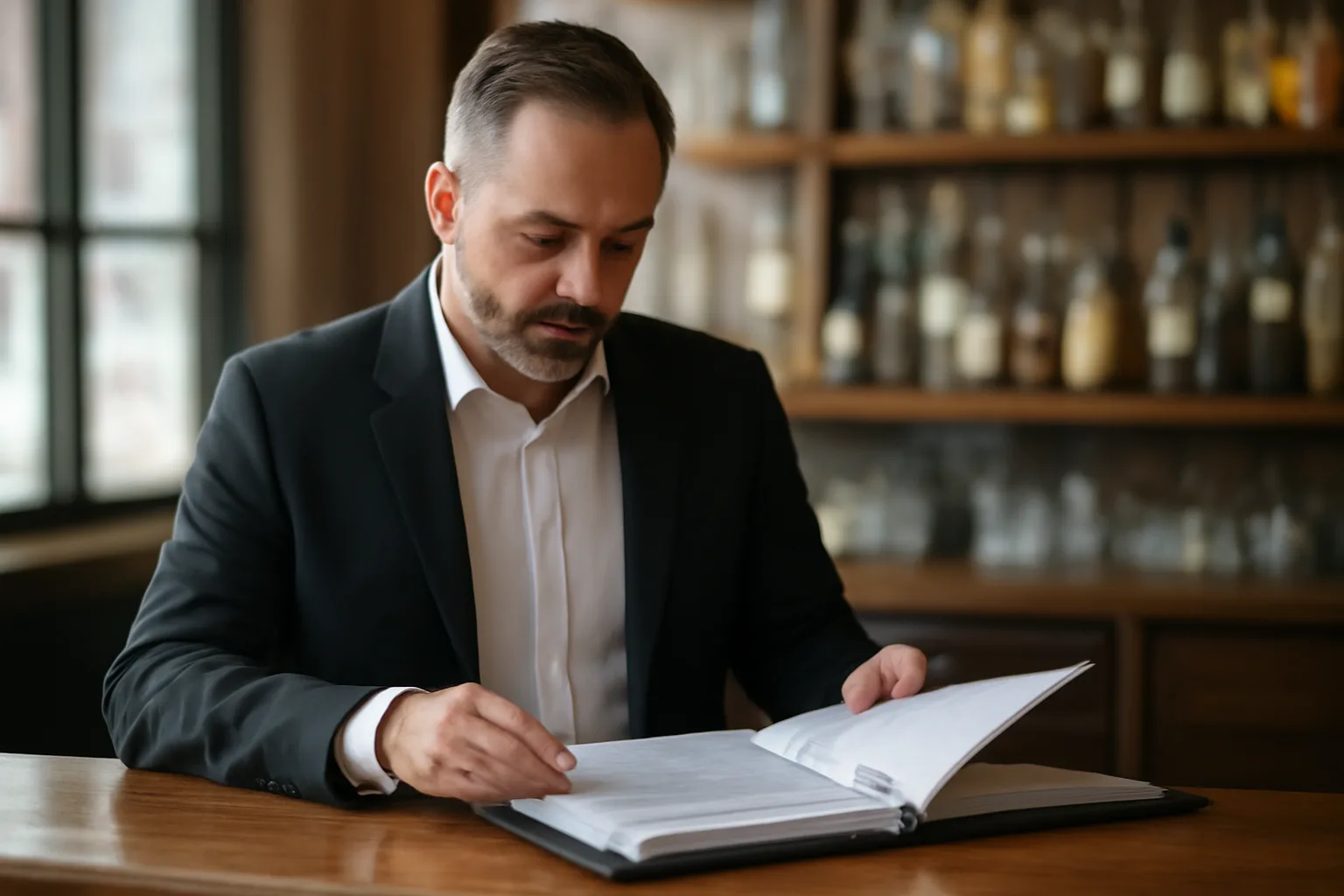 Restaurant owner reviewing renewal paperwork at an empty bar counter
