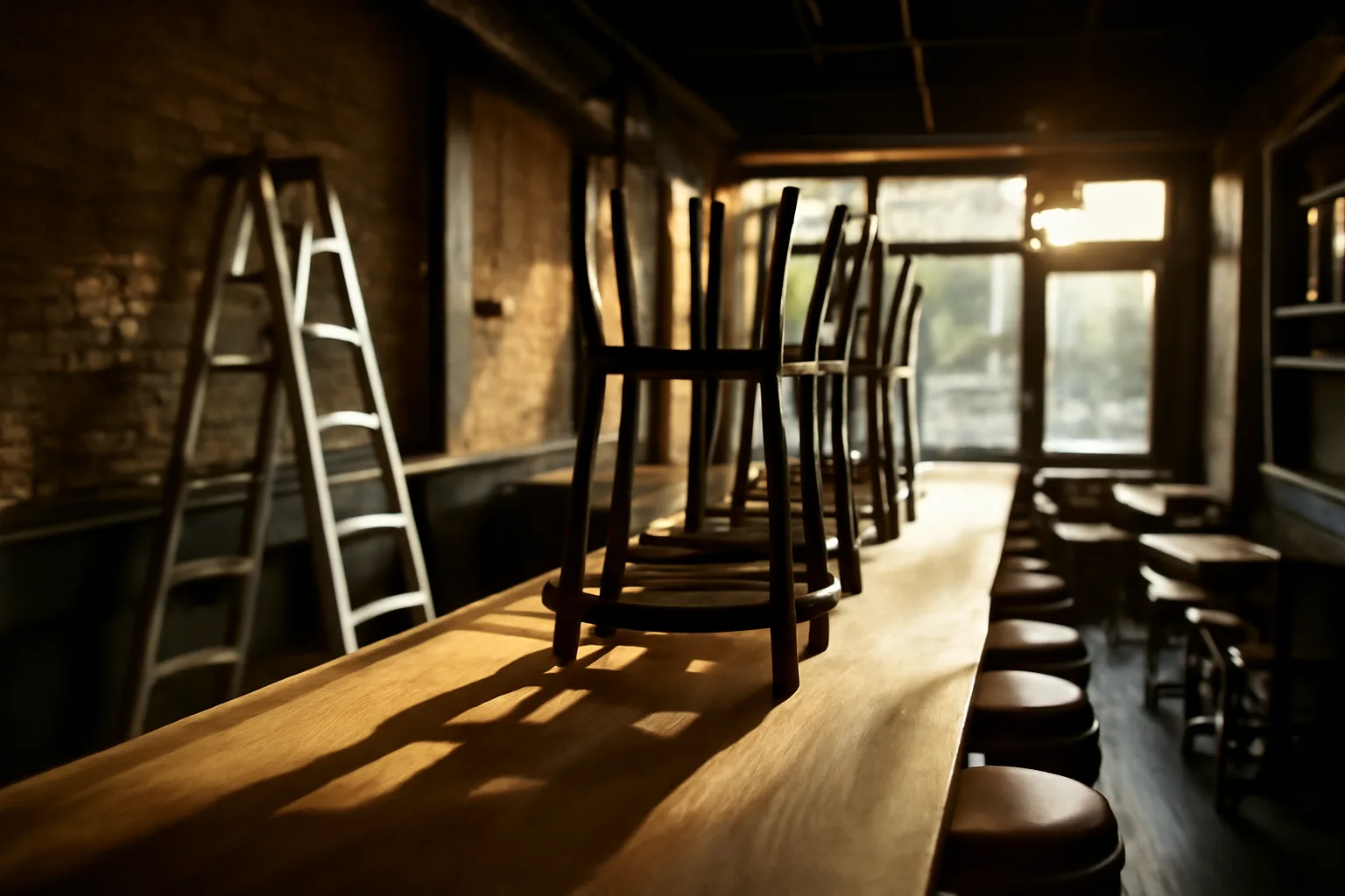 Empty bar under renovation with stacked stools, representing a pending ABC license transfer