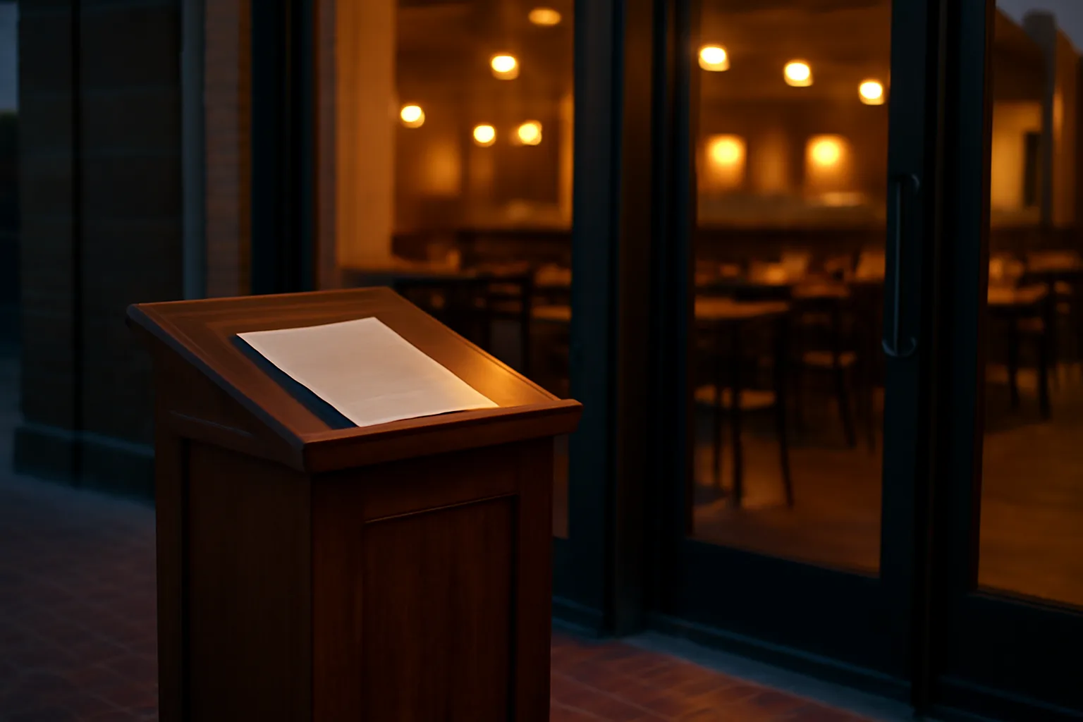 Restaurant entrance at dusk representing the wait for a Virginia ABC liquor license