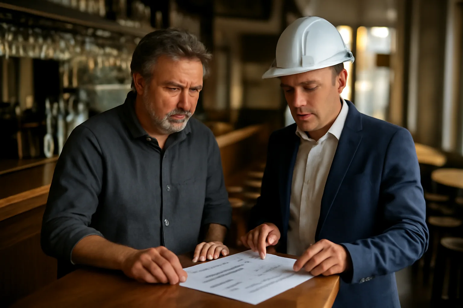 Restaurant owner and inspector discussing an ABC liquor license floor plan at an empty bar