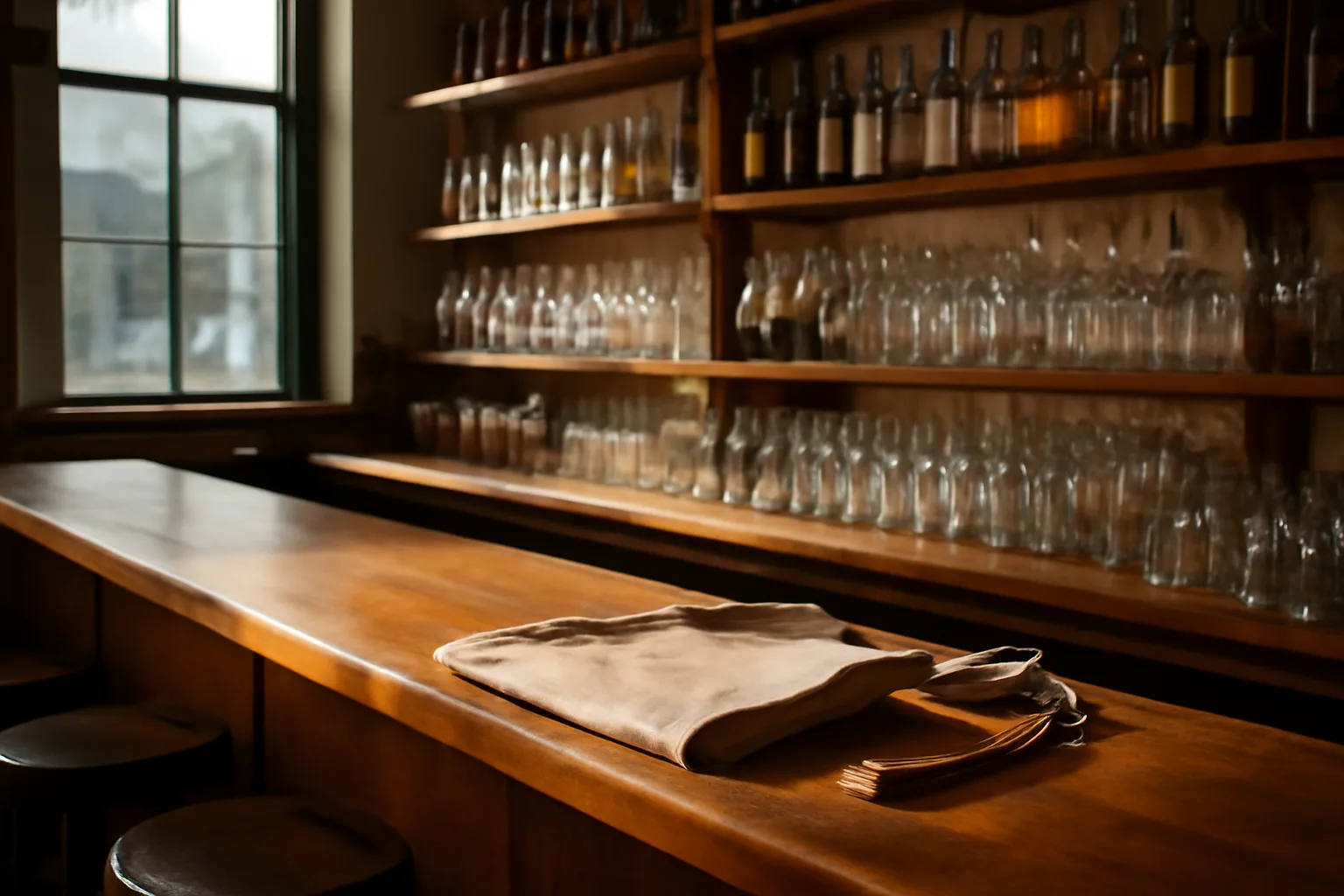 Empty restaurant bar with sunlit glassware, representing California ABC liquor license planning