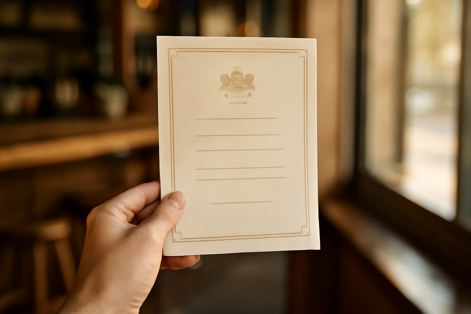 Person holding a liquor license certificate near a restaurant window during a lookup verification