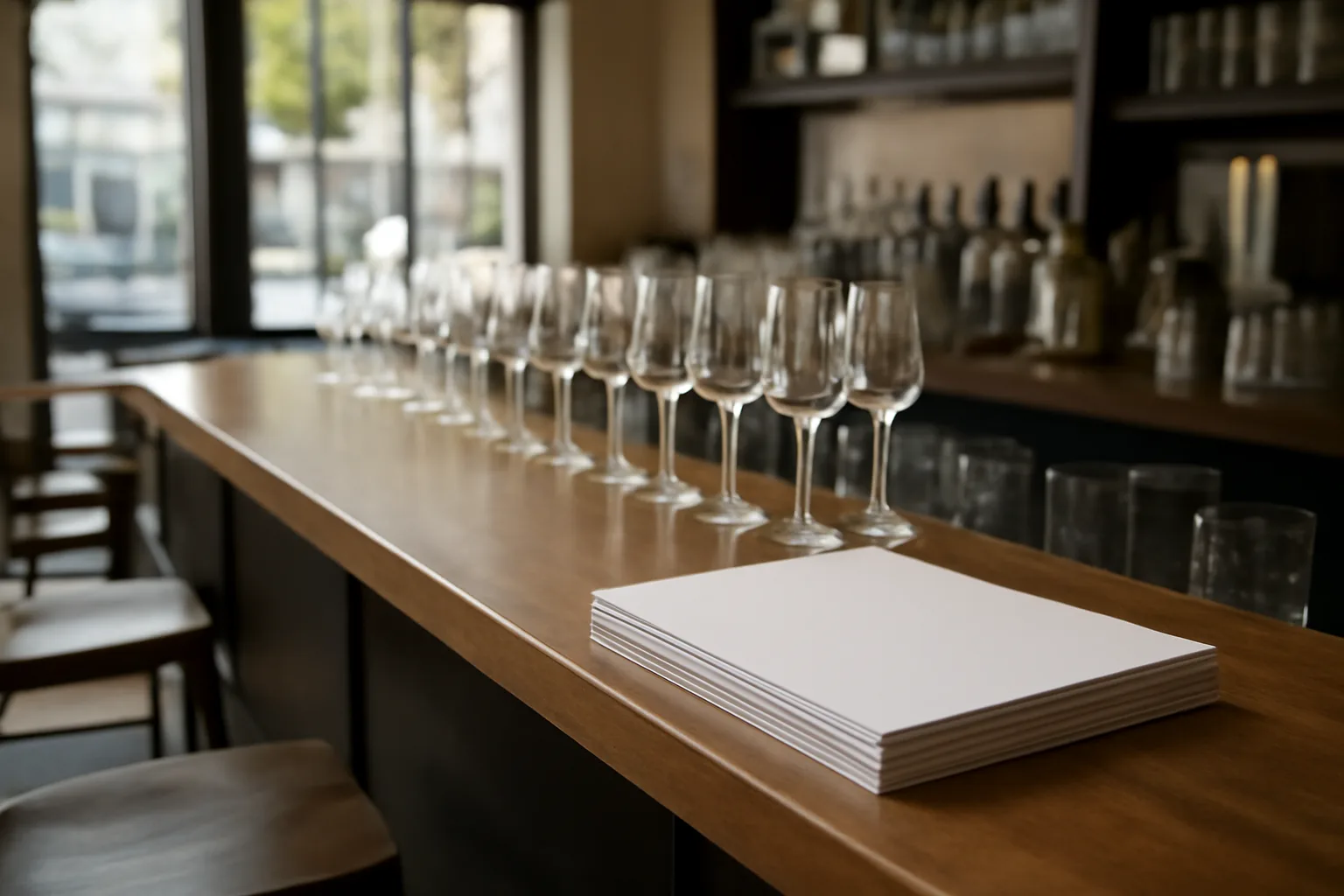 Empty restaurant bar counter with paperwork, representing Virginia ABC liquor license preparation
