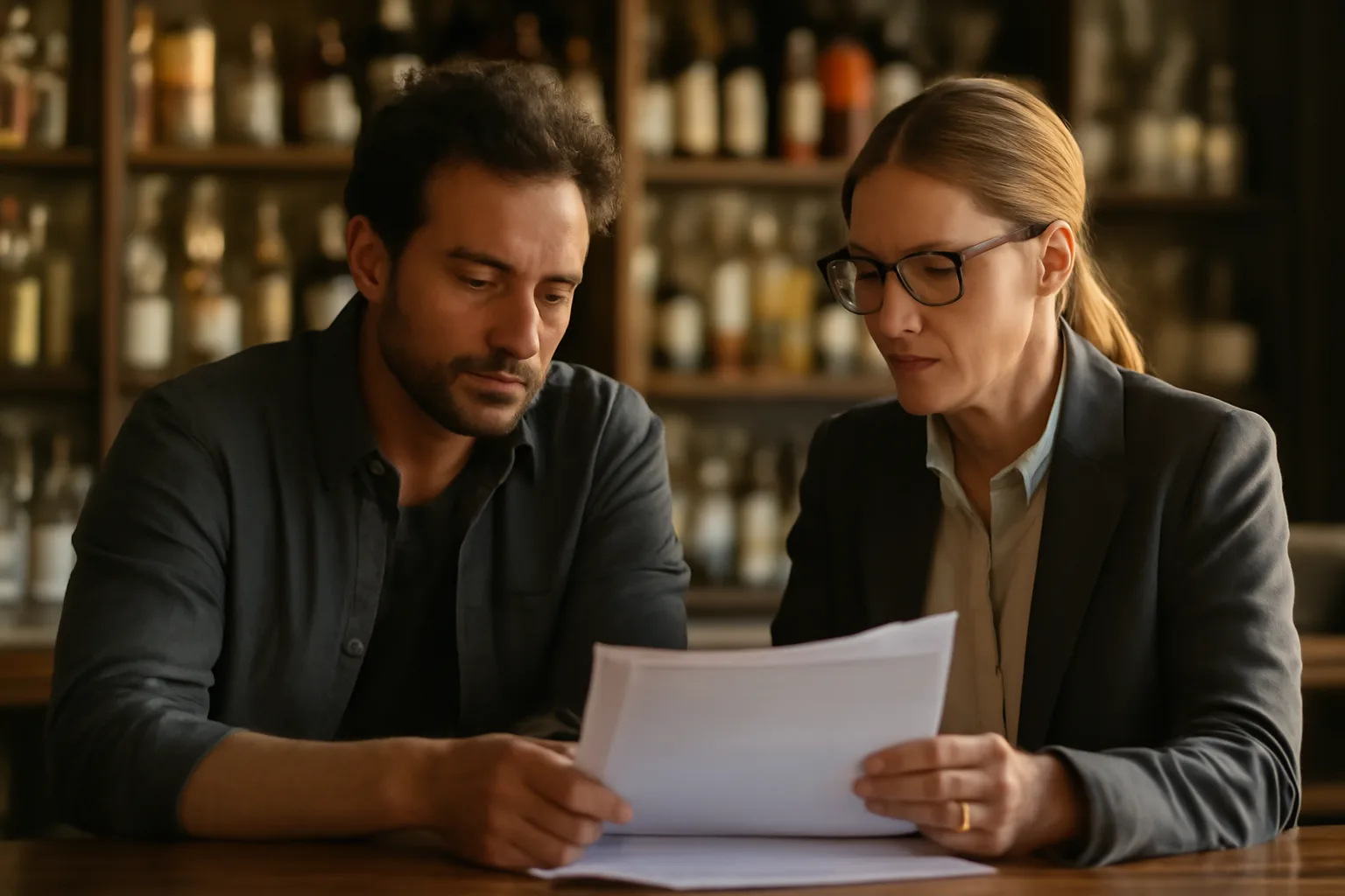 Restaurant owner and inspector reviewing paperwork for an ABC liquor license at a bar