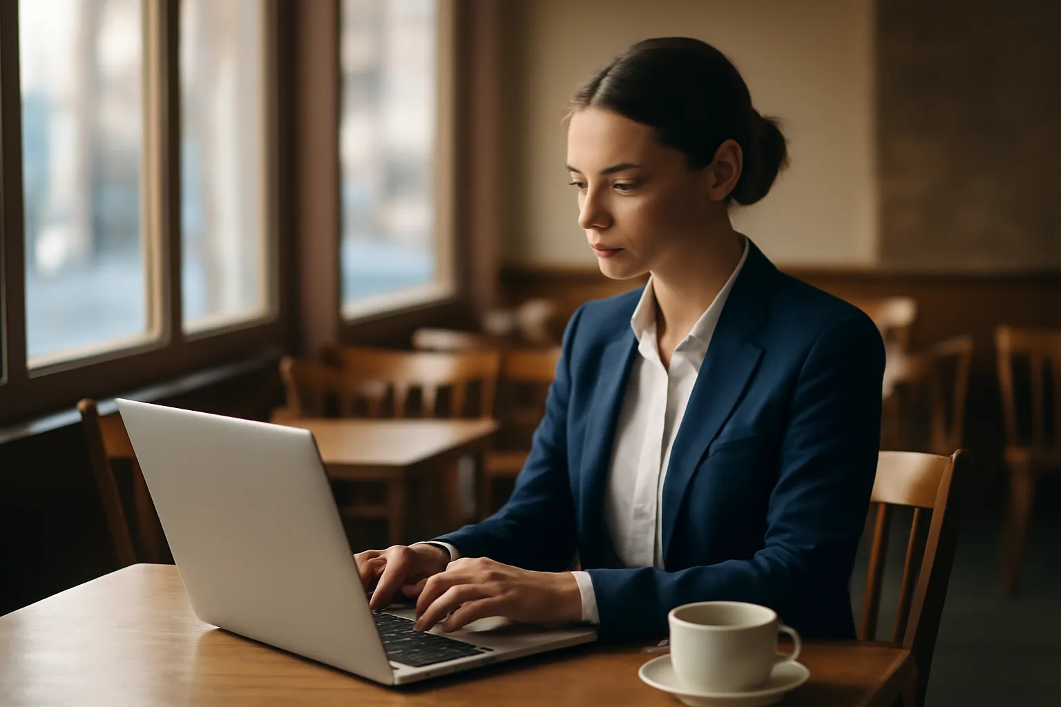Restaurant owner researching a liquor license lookup on a laptop before opening