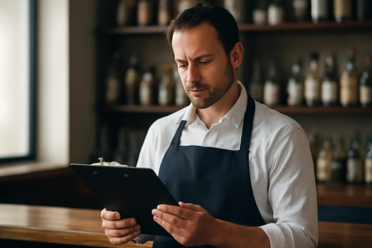 Restaurant manager reviewing paperwork behind a bar counter in daylight