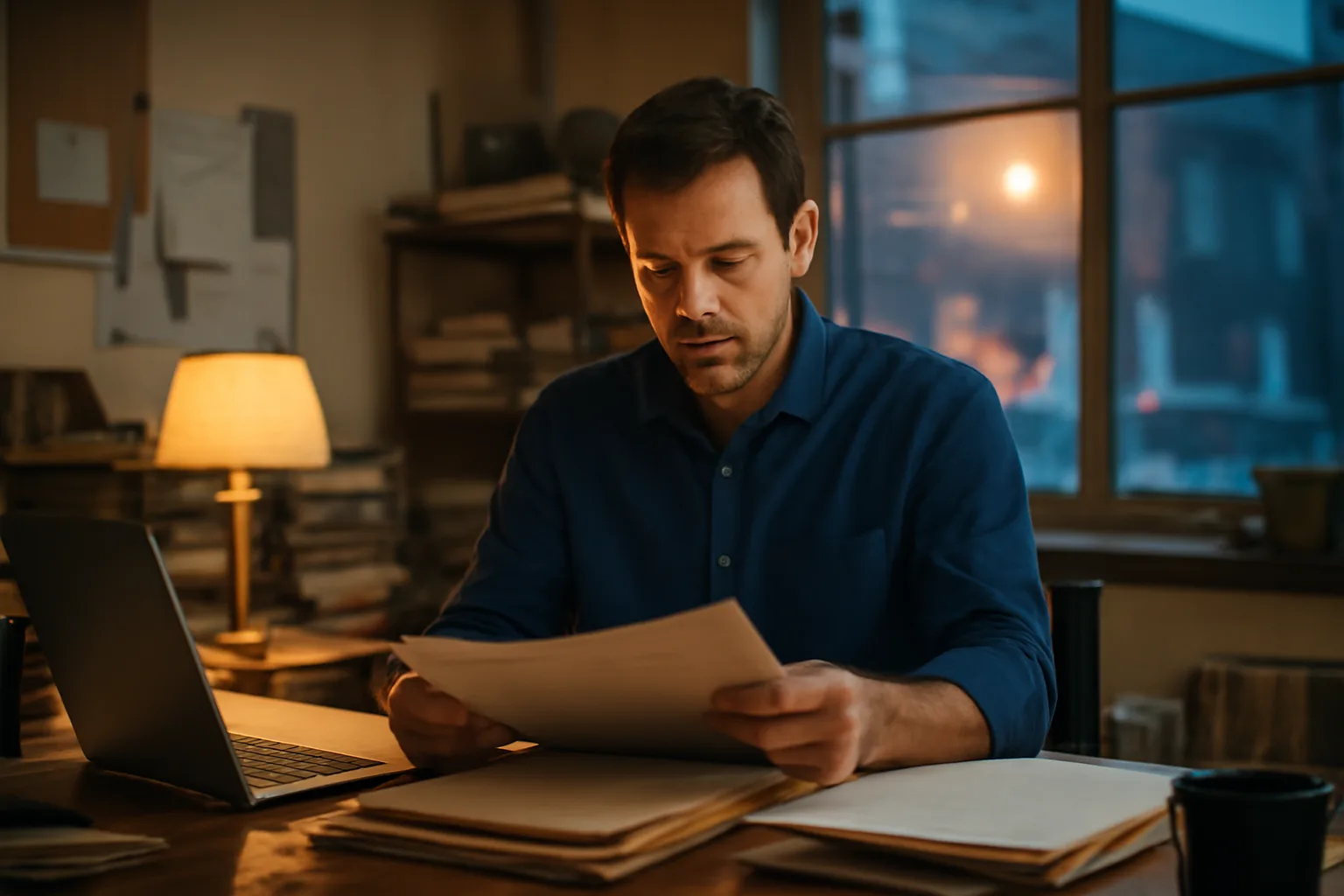 Restaurant owner reviewing liquor license paperwork at a desk in a back office