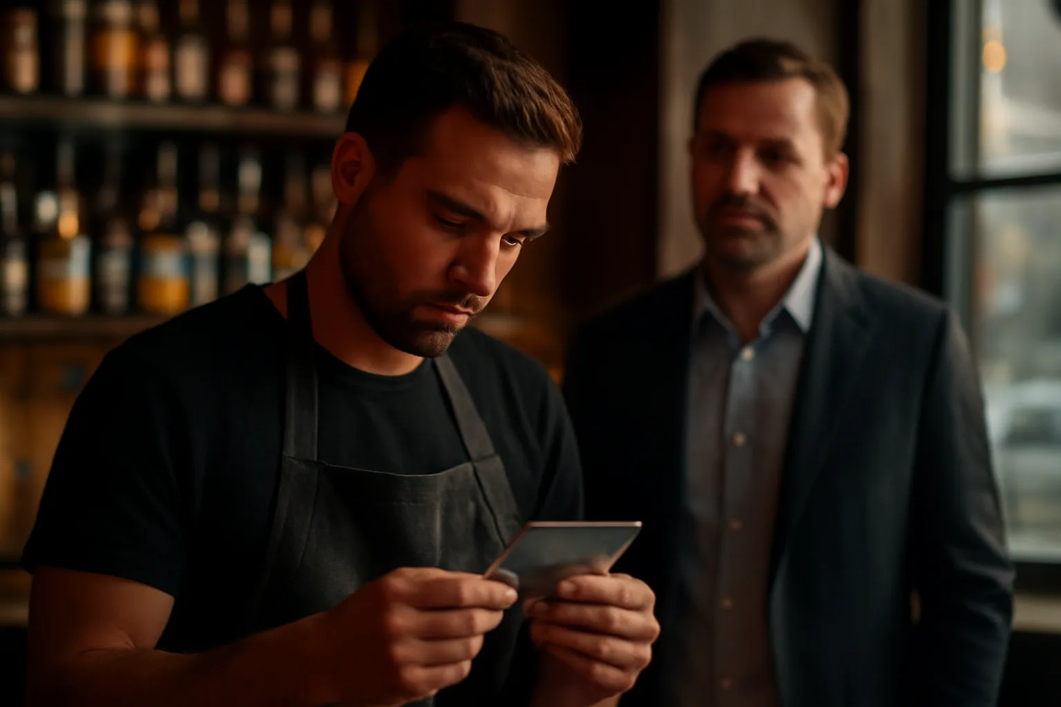 Bartender checking a customer ID at a bar during evening service