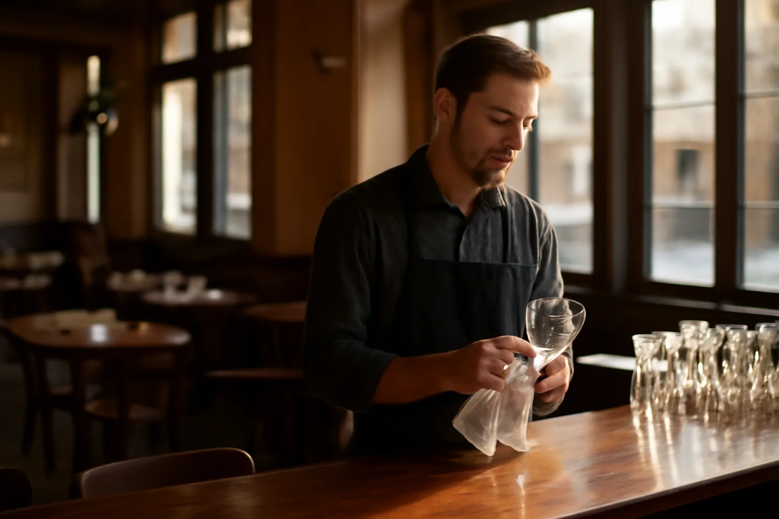 Bartender preparing a Tennessee restaurant bar before opening hours