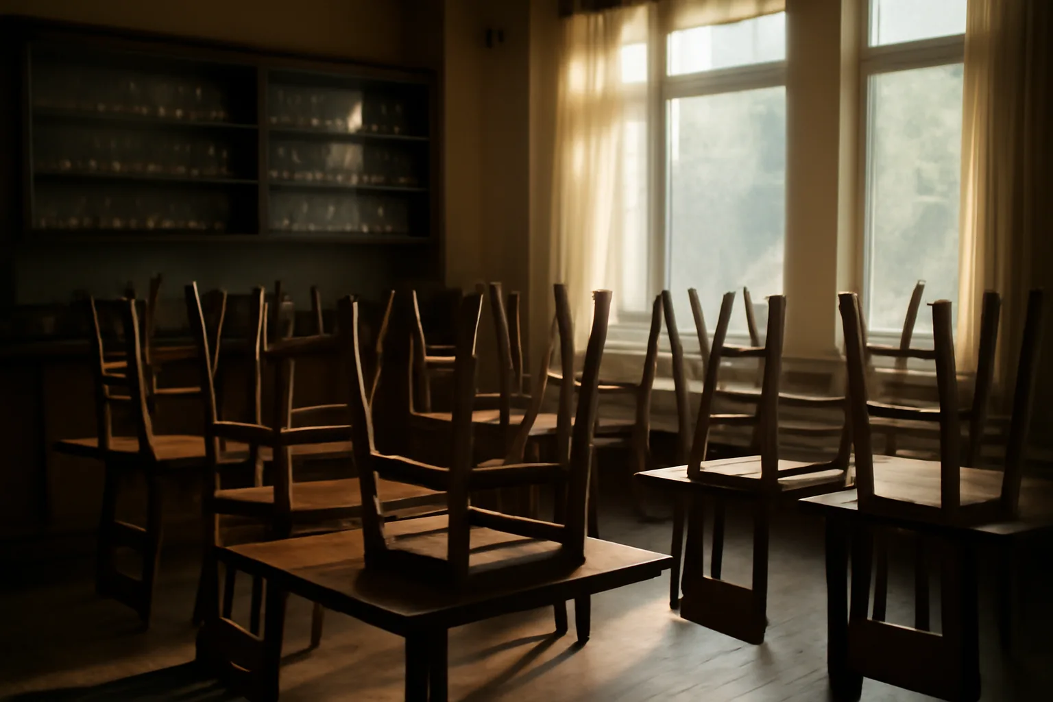 Empty restaurant dining room and bar area lit by early morning window light