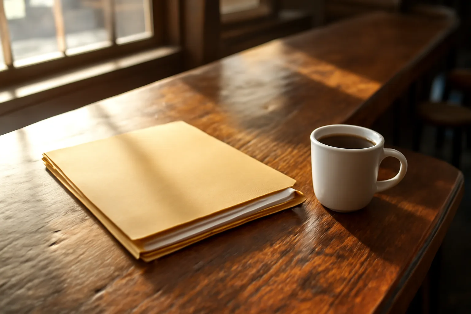 Manila folder and coffee cup on a sunlit wooden bar counter