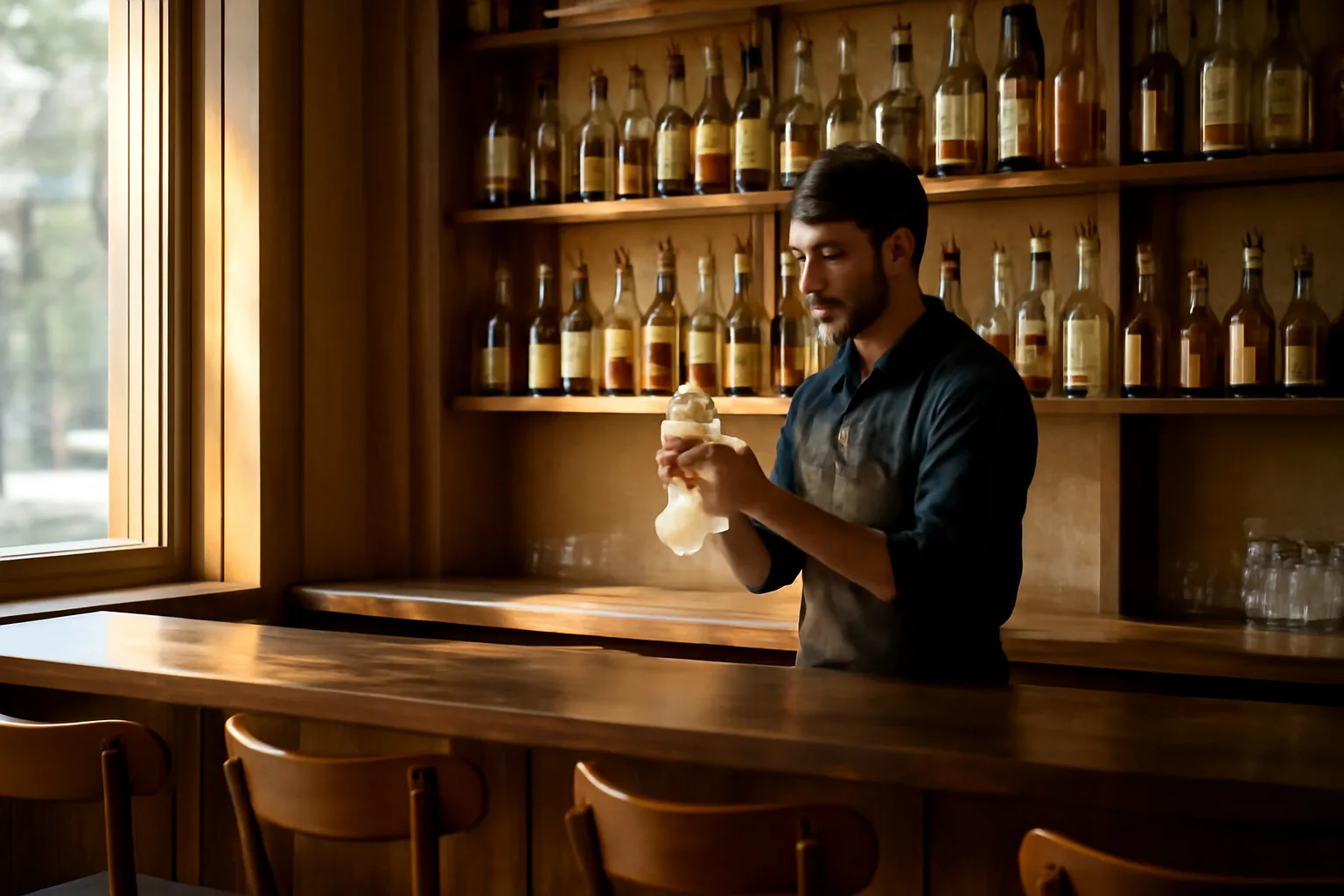 Bartender preparing a bar area in morning light before a restaurant opens for service