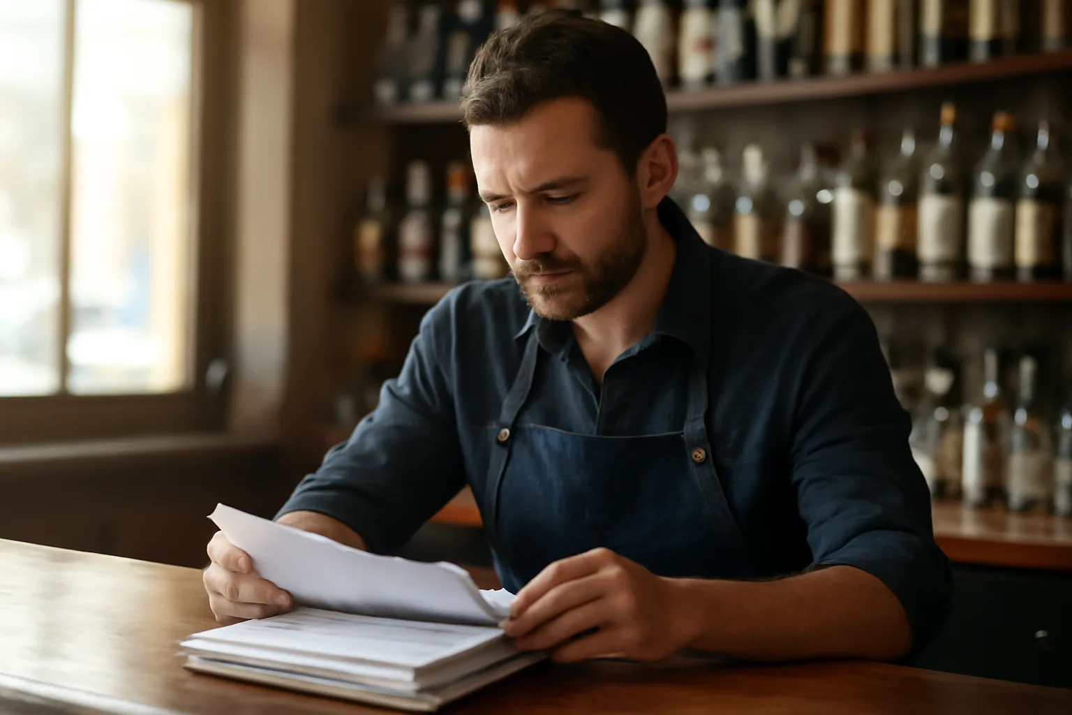 Bar owner reviewing licensing paperwork at counter before opening, alcohol and tobacco permits topic