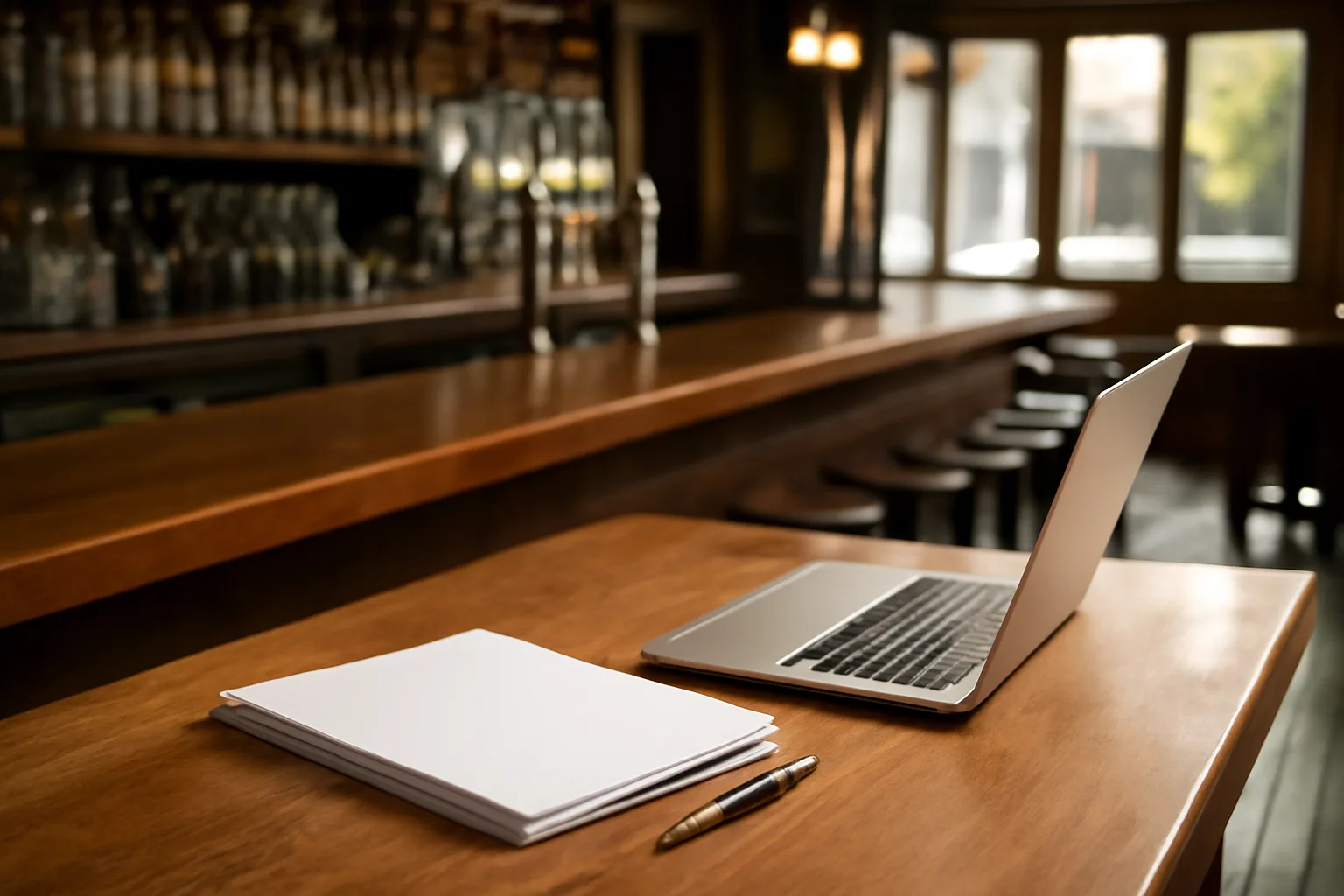 Empty bar counter with paperwork and laptop before opening, representing alcohol beverage control department licensing