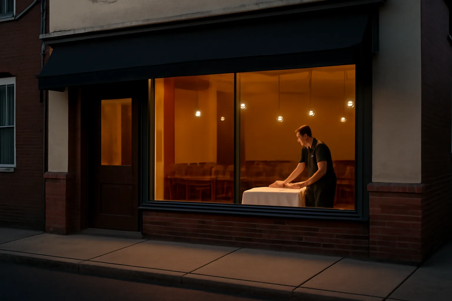 Restaurant storefront at dusk representing alcohol beverage control in New Jersey licensing