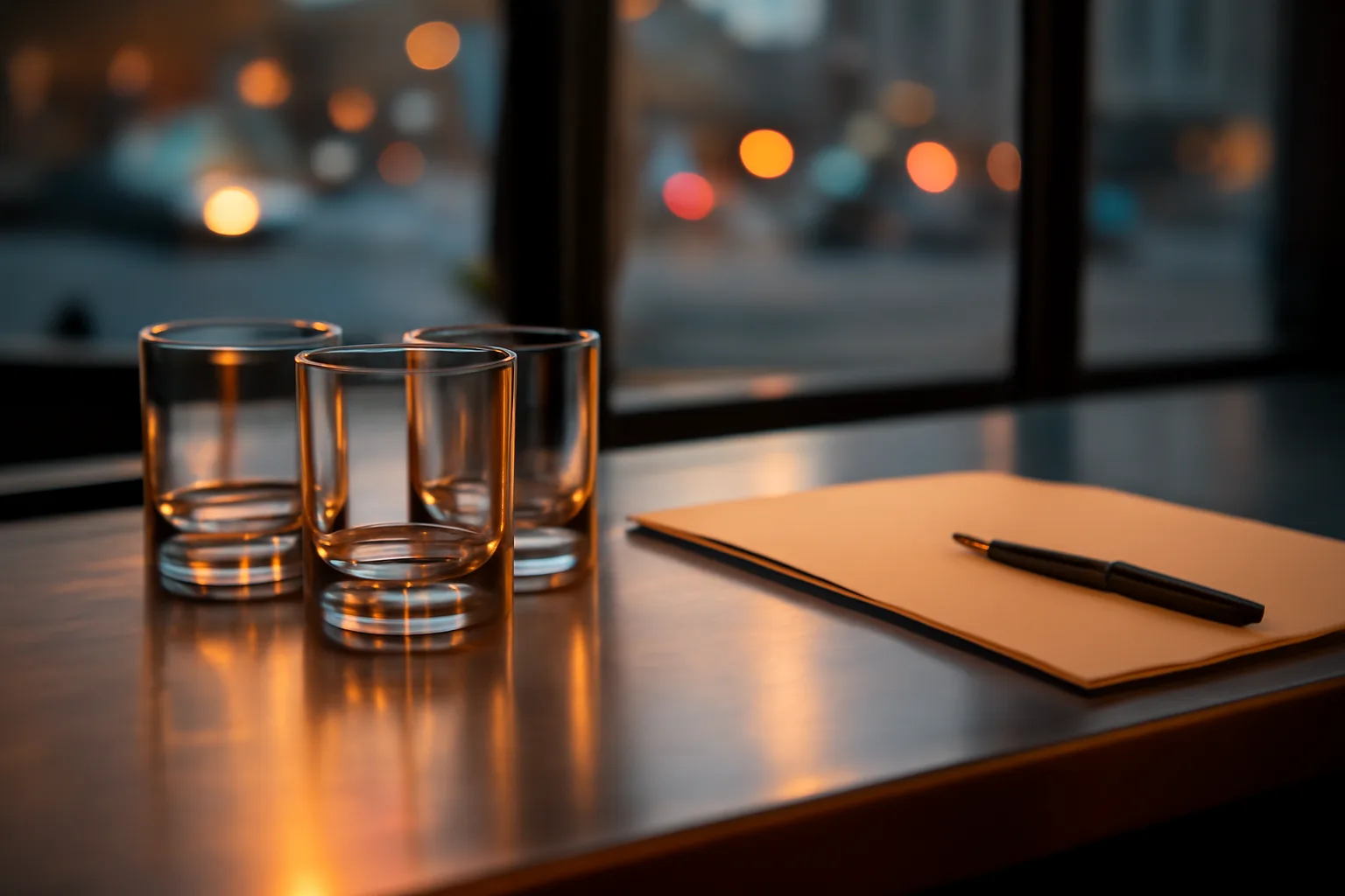 Empty bar counter with glasses and paperwork representing the alcohol beverage license process