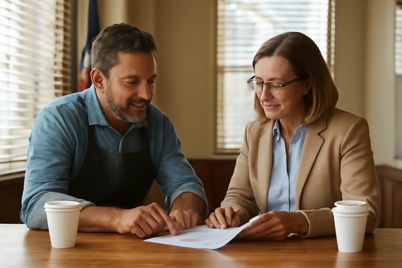 Restaurant owner discussing alcohol license paperwork with a clerk in Florida