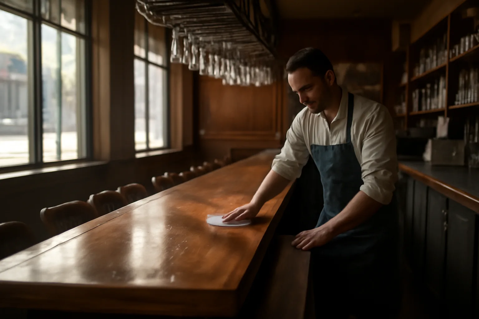Bartender preparing an empty restaurant bar counter in morning light before opening
