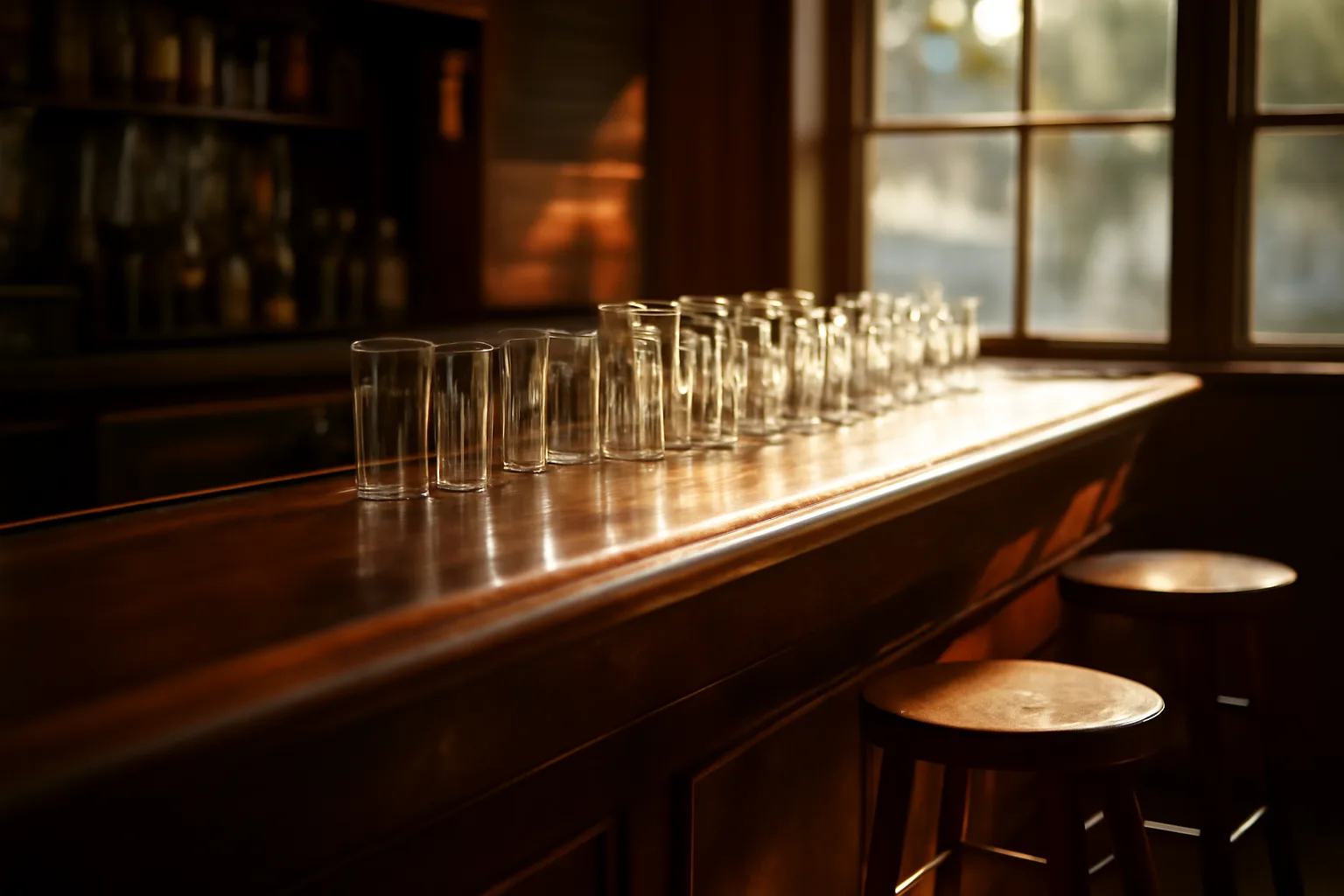 Sunlit empty tavern bar in New Jersey with glassware and wooden counter