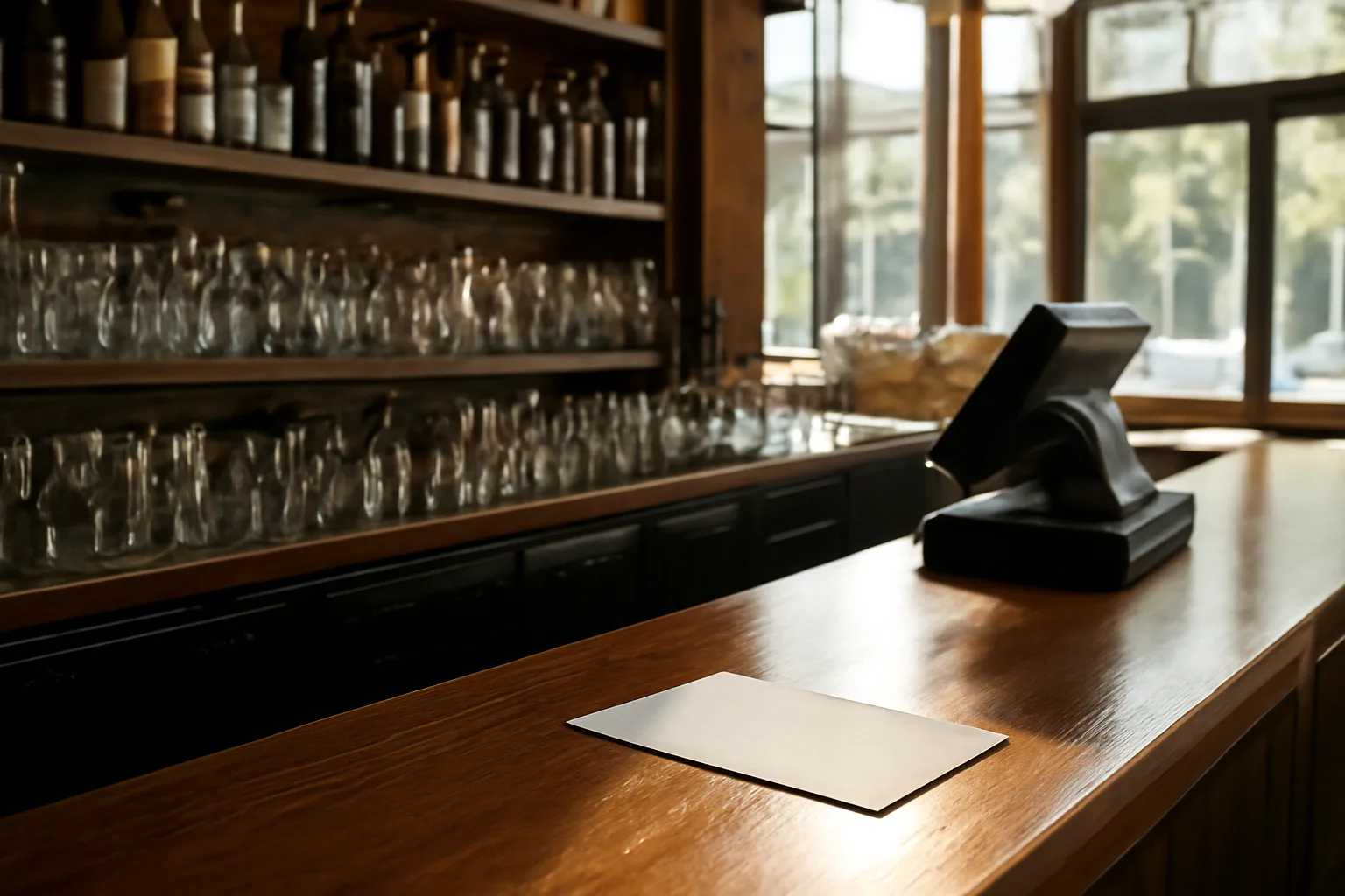 Sunlit restaurant bar counter representing the process of getting an alcohol license in California