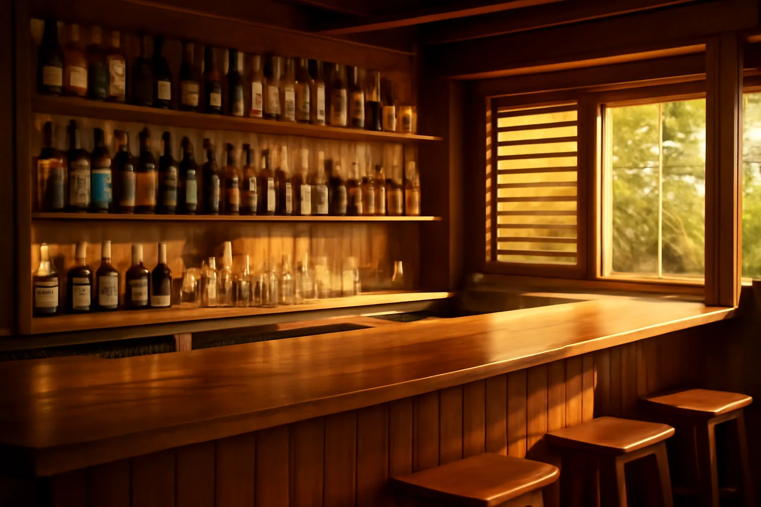 Empty wooden bar counter with liquor bottles lit by warm evening light in Hawaii