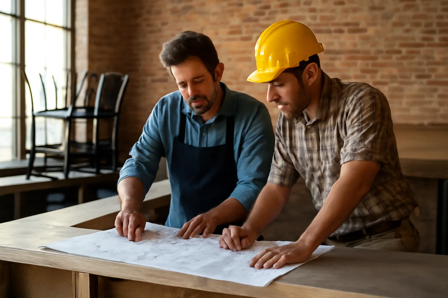 Restaurant owner reviewing plans at a bar counter during buildout before opening