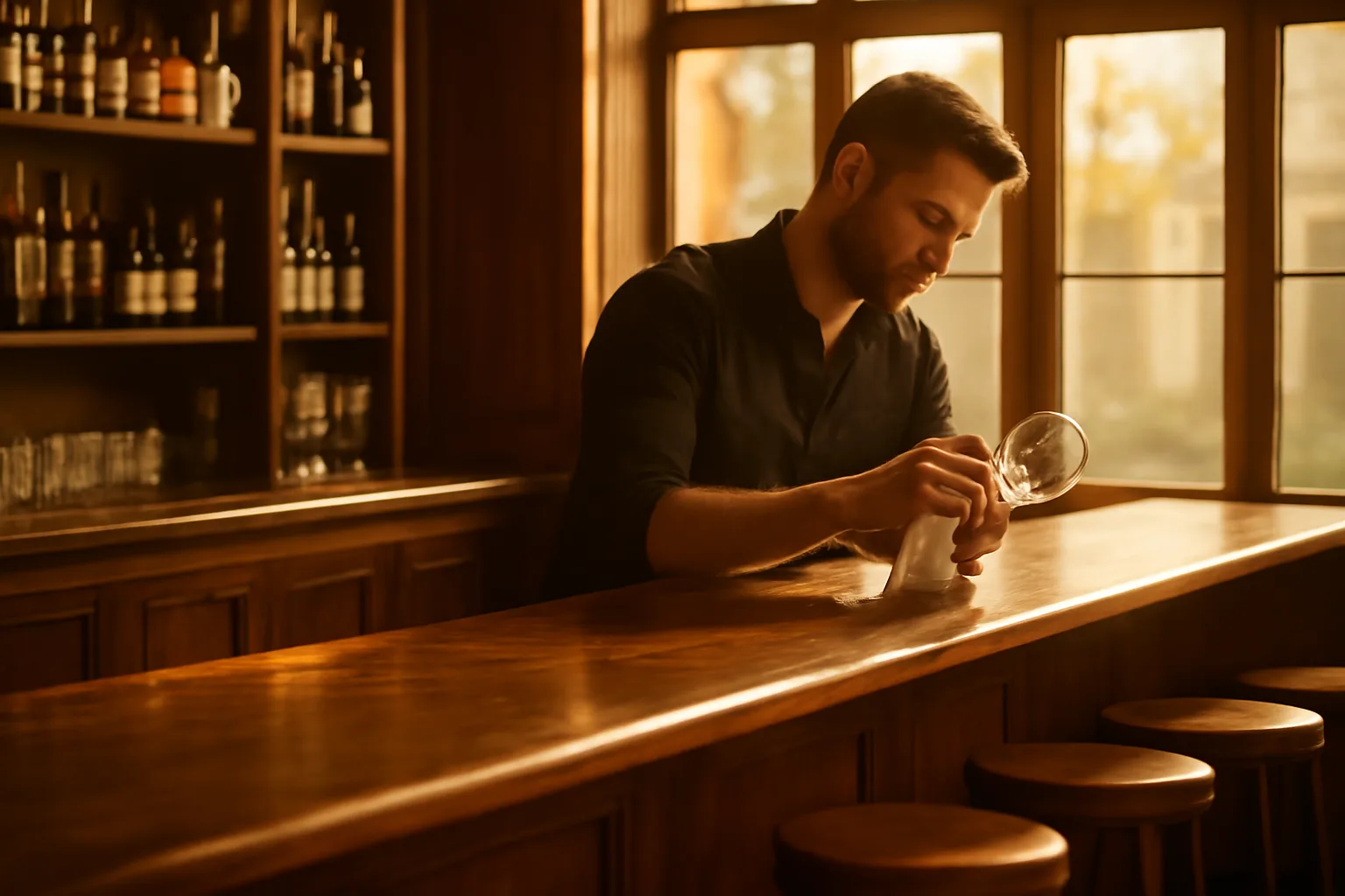 Bartender wiping down a wooden bar counter in warm afternoon light before opening