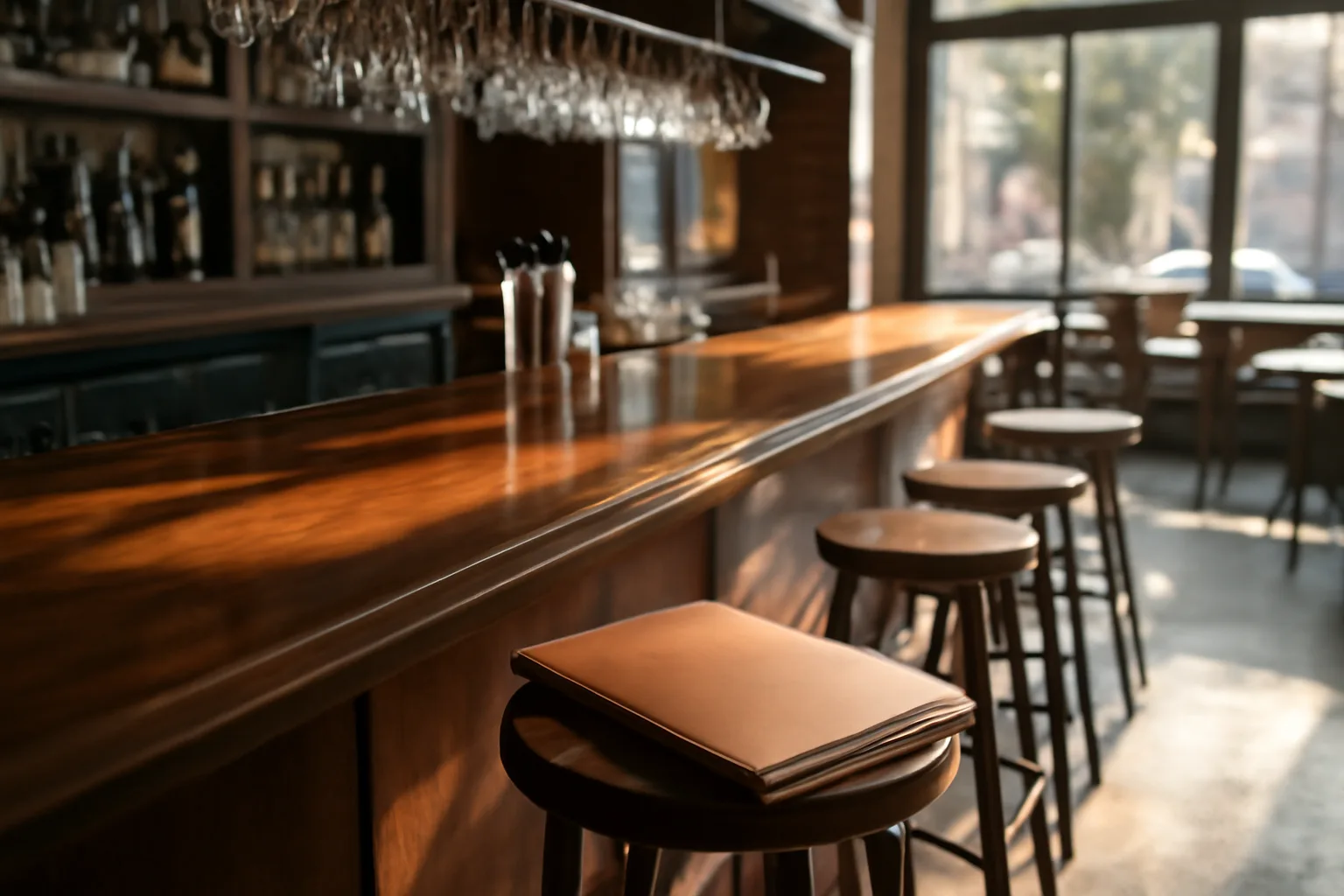 Empty restaurant bar counter with sunlight, representing NC alcohol license planning before opening