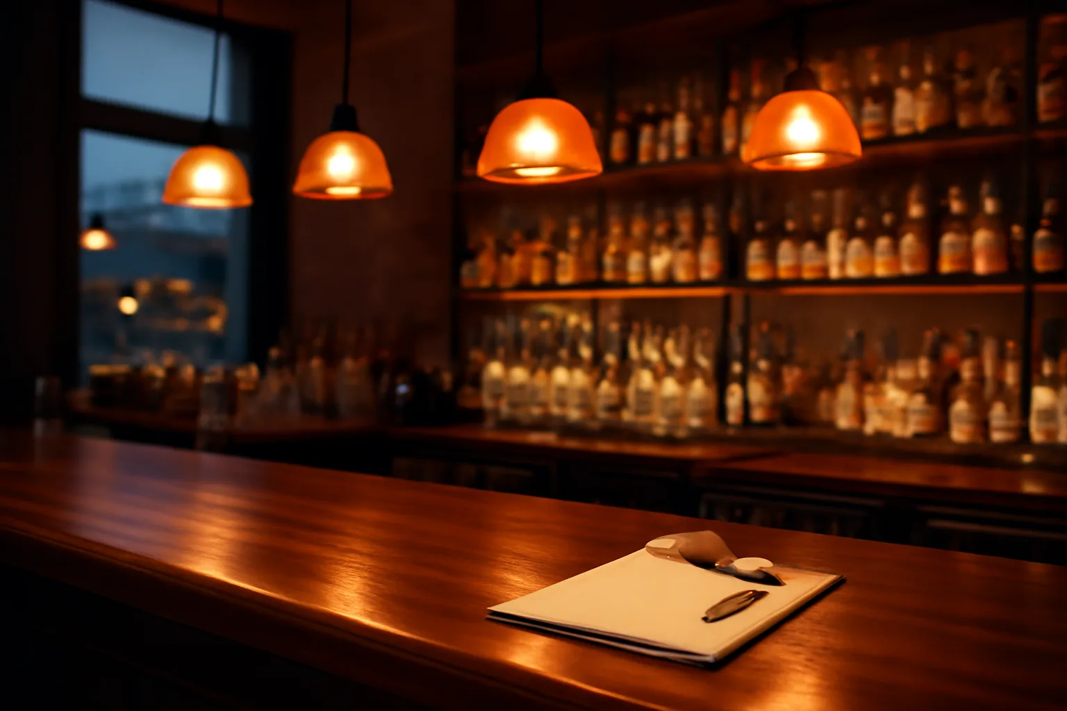 Bar counter with liquor bottles and glassware, representing an Oklahoma alcohol license application in progress