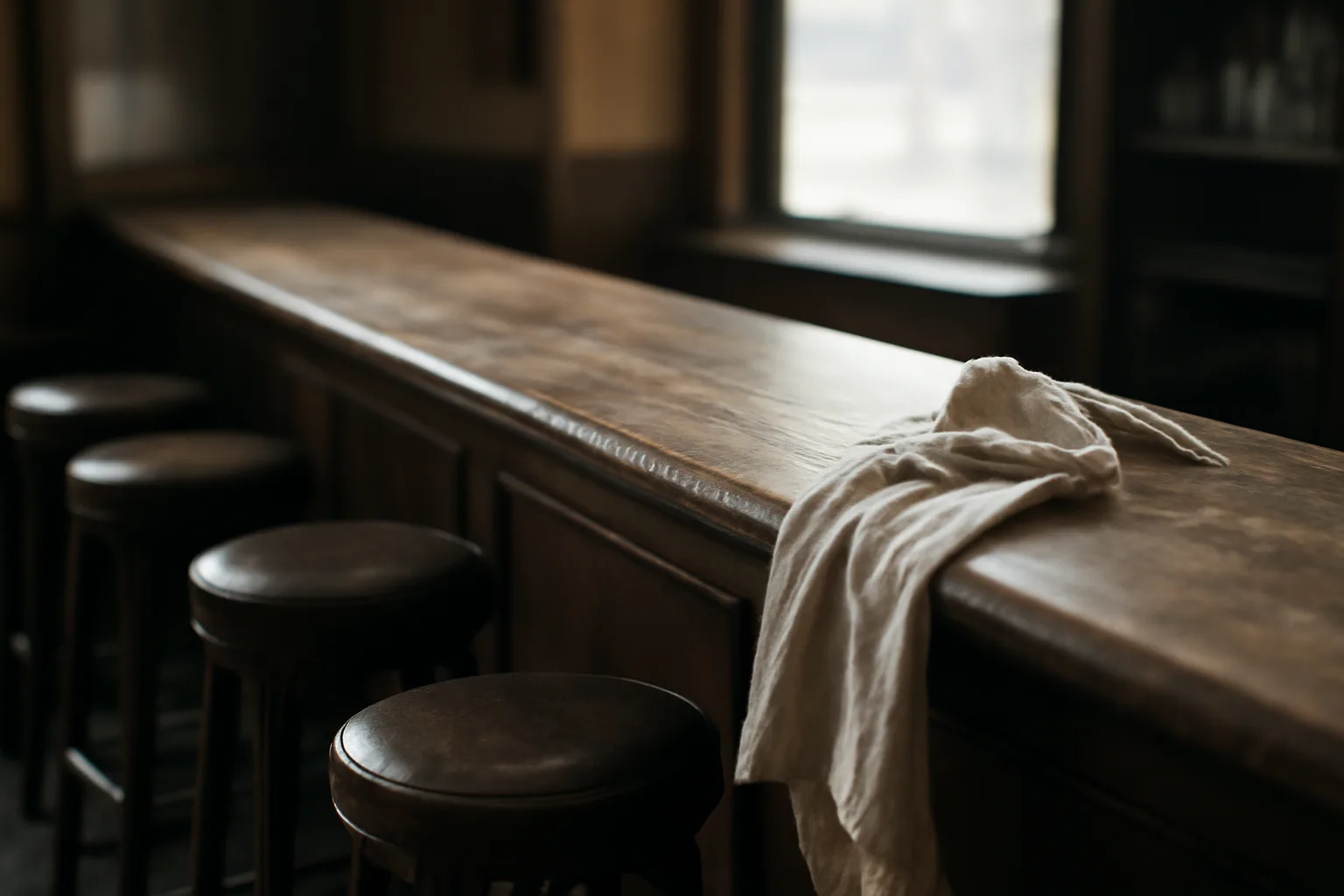 Empty bar counter in morning light before an alcohol licensing inspection