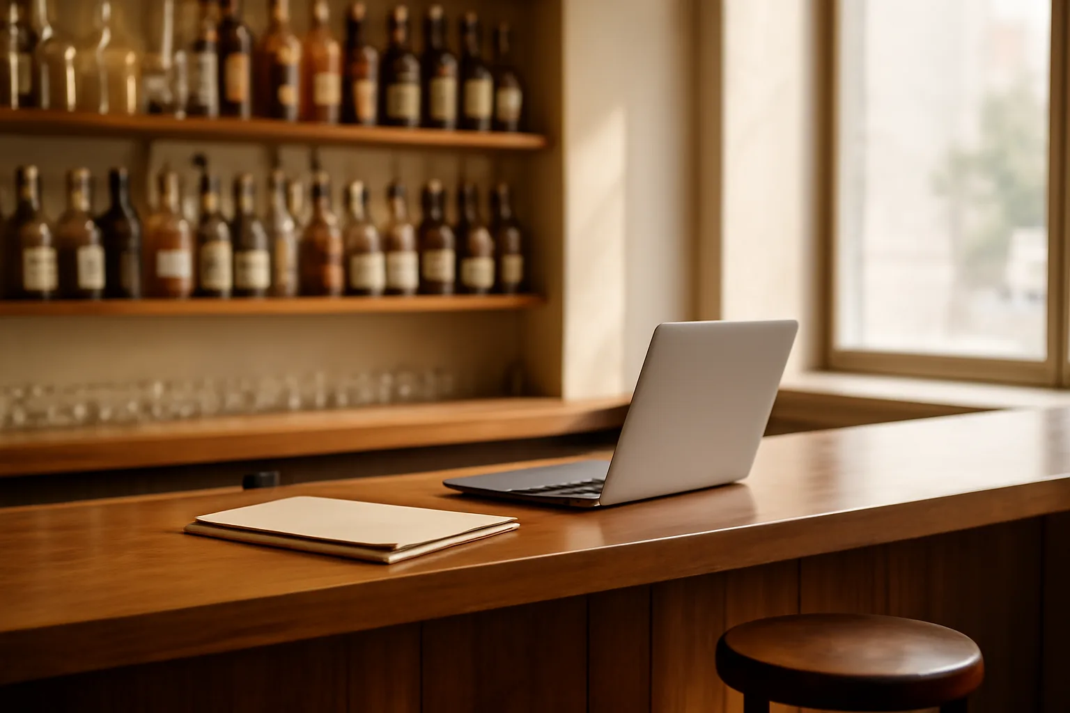Restaurant bar interior with liquor shelves and paperwork during a Florida licensing application