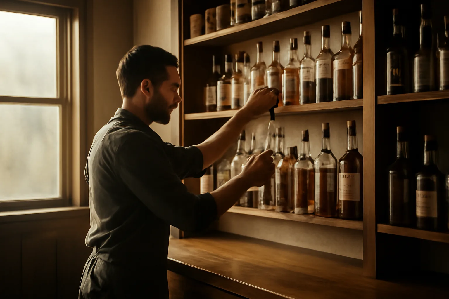 Bartender stocking a back bar before opening, related to NC alcohol permit rules