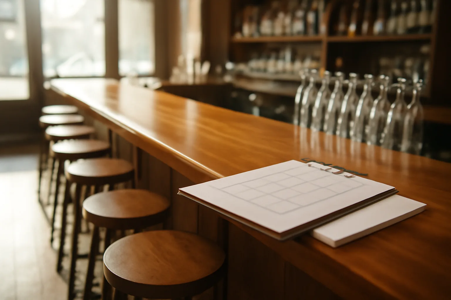 Empty Texas bar counter in morning light before an alcohol permit inspection