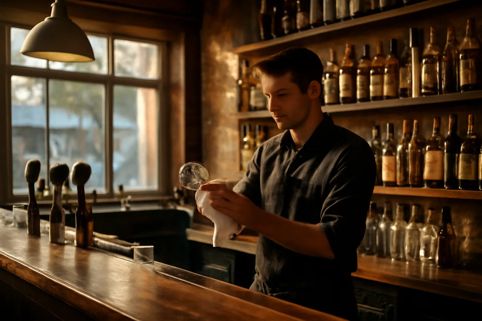 Bartender arranging glassware at a sunlit Florida restaurant bar counter
