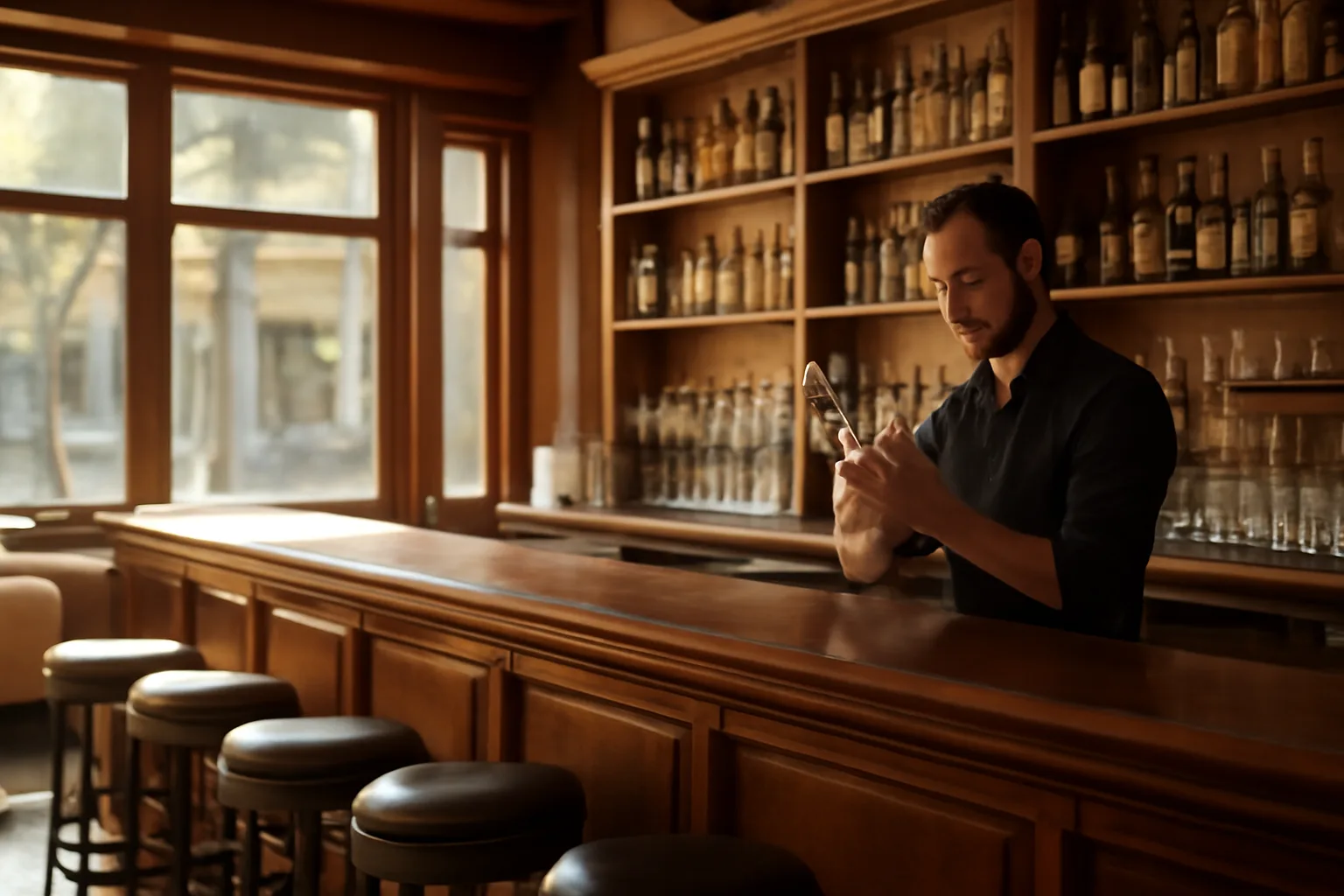 Empty restaurant bar before opening hours with bartender preparing glassware
