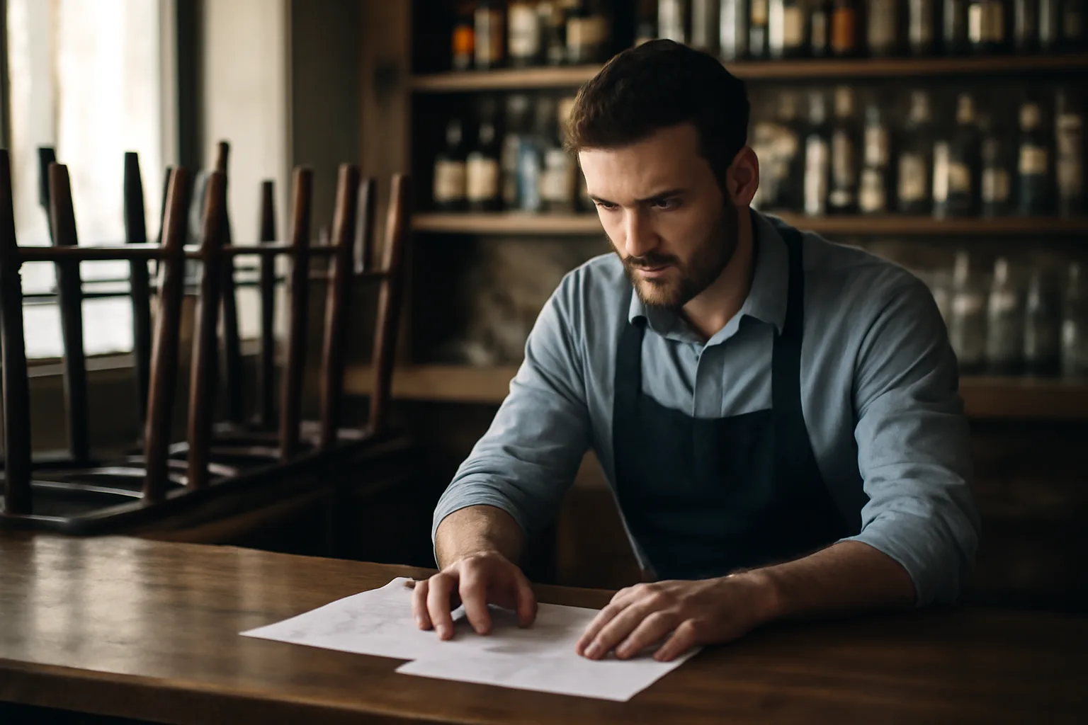 restaurant owner reviewing alcohol serving license paperwork at empty bar counter